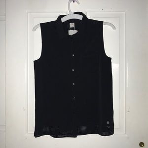 Black, sleeveless, collared blouse
